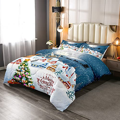 Homewish Christmas Duvet Set Single, Santa Claus Bedding with 1 Pillowcase | Quilted Warm Quilt Set 2 Piece, Bed Sets for Adults Women Kids, Merry Christmas Tree, Xmas Winter Theme