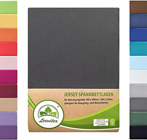 Boxspringbett & Wasserbett Spannbettlaken von leevitex® | Spannbetttuch | ÖKO-TEX | 180x200 – 200x220 cm | 100% Jersey-Baumwolle | 150 g/m² | 40 cm Steg | Anthrazit