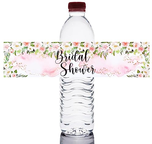URROMA 50 Pcs Pink Flowers Wedding & Bridal Shower Water Bottle Stickers, Labels, Matte Finish, 21cm x 5cm (8.26in x 1.96in), 50 Count