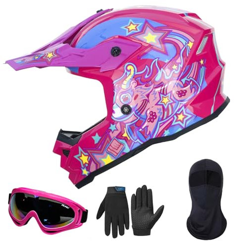 ILM Motorradhelm Kinder Motocross Kinderfahrradreithelm mit Brillen Maske Handschuhe Junge Und Mädchen ECE Model Z705,Starlight Pony,M