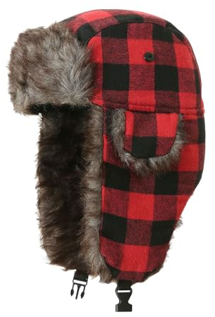 XNIVUIS Unisex Winter Warm Hat with Ear Flaps Russische Mütze,Karierter Hut,Trapper Hat,Weiche Kunstfellmütze mit Ohrenklappen,Ohrenschutz Gegen Wind und Kälte für Outdoor Warmhalten(Rot)