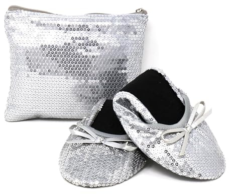 Silky Toes Foldable Sequin Shoes for Women | Comfortable Dressy Flats for Weddings, Parties & Events | Ballet Purse Slippers Silver