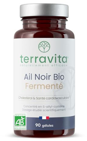 AIL NOIR Fermenté BIO | Extrait titré en S-Allyl-Cystéine | 250 mg par Gélule | Lutte contre les Lipides Sanguins - Santé Cardiaque - Circulation | 90 Gélules sans Goût | Made in France | Terravita
