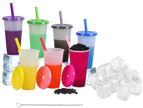 Set di 7 bicchieri che cambiano colore con coperchi e cannucce riutilizzabili in plastica priva di BPA da 700 ml bicchieri grandi per caffè ghiacciato, tè, bicchiere magico che + 12 cubetti e segillo