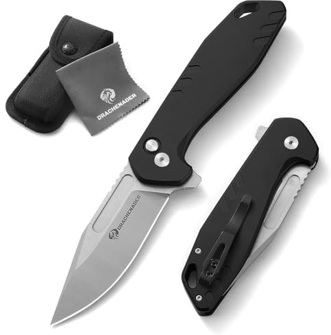 DRACHENADER Knapp kniv BINGFENG fällkniv, 3,42 tum D2-blad med aluminiumhandtag, överlevnadsverktyg, fick- och fällkniv med klämma, nylonsköda (svart)