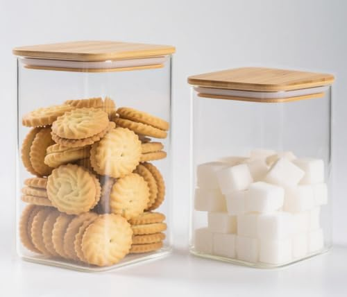 HomeyHoney Tarros de vidrio transparente para almacenamiento de alimentos con tapas herméticas de bambú, botes de cocina transparentes para pasta, café, azúcar, dulces, galletas, aperitivos (cuadrado