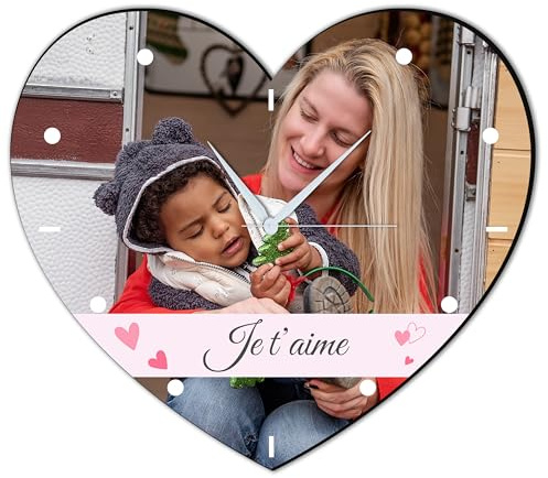 Horloge Murale Photo Personnalisée en Forme de Cœur, 40 cm x 36 cm, personnalisable avec vos photos, texte. Personnalisé le visuel, les aiguilles, Décoration Intérieure, cadeau fête des mères