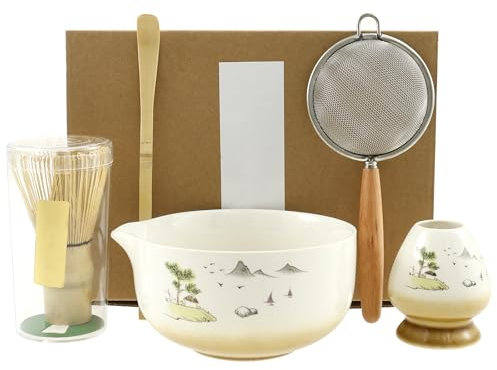 HuhWafee Lot de 5 bols à matcha en céramique avec bec verseur, set à thé traditionnel japonais avec porte-balai, bol, fouet, passoire, cuillère, service à thé artisanal, bol à matcha