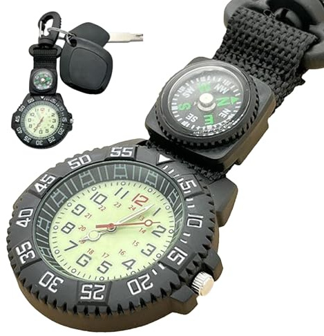 Reloj Brújula, Reloj de Bolsillo de Cuarzo con Mosquetón, Brújula Luminosa Impermeable para Hombre y Mujer para Correr Nadar Senderismo Supervivencia