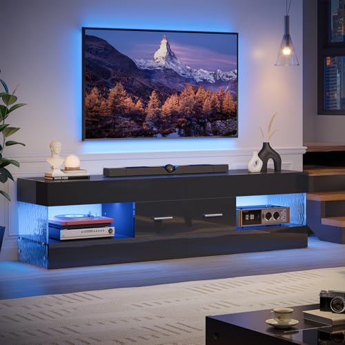 Bestier Mueble para TV para televisores de 65 Pulgadas,Soporte para TV Moderno de Alto Brillo,Centro de Entretenimiento con LED y cajón Grande,Consola para TV para Sala de Estar y Dormitorio(Negro)