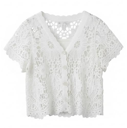 Ginwrek Gilet élégant blanc en crochet pour femme boléro en dentelle à manches courtes et col en V haut d'été respirant en maille