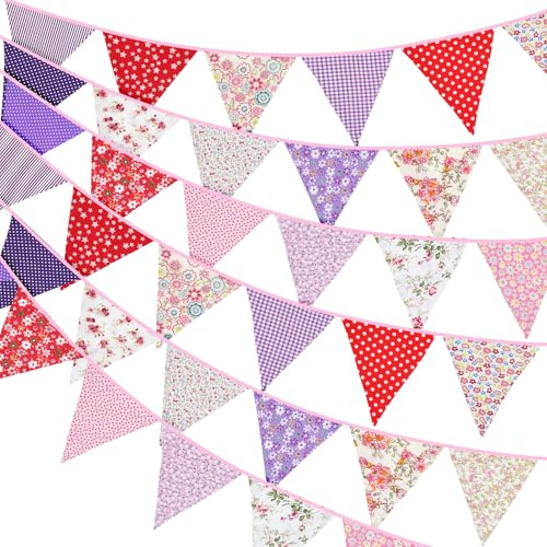 G2PLUS 36PCS Double Sided Fabric Bunting, 10M Purple and Red Floral Cotton Banner, 17x19CM Large Triangle Garland Reusable for Indoor and Outdoor Party Decoration