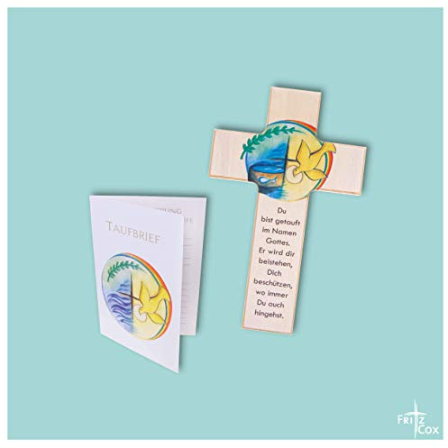 Fritz Cox Kinder-Set Kinder-Holz-Kreuz Taufe mit Taufbrief | das ideale Geschenk zur Taufe 15cm natur, mit Taufbrief