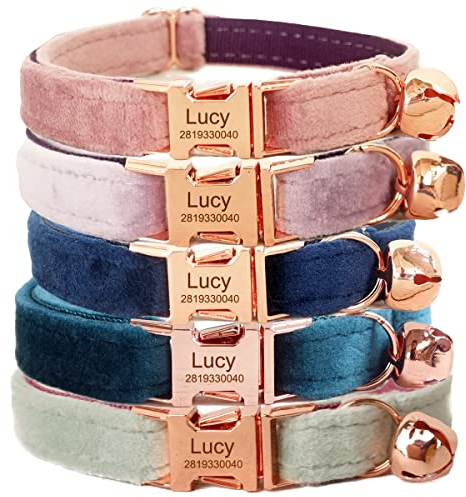 CHUTRU Katzenhalsband, personalisierbar mit Namensschild und Telefonnummer, graviert, für Kätzchen, Welpen, Samt, Roségold
