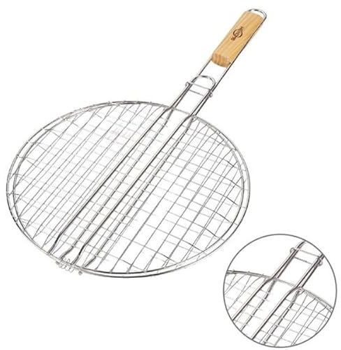 Griglia Tonda Doppia in Acciaio Inox con Manico in Legno, Graticola Pieghevole e Portatile per Barbecue, per Pesce,Verdure, Bistecca, Utensili da BBQ, Superficie di Cottura 31cm