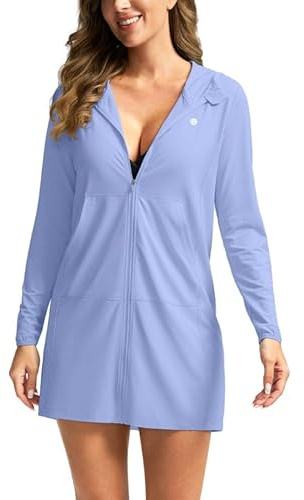 Women's UPF 50+ Swim Cover Up Sun Protection Hoodie Long Jacket SPF Lightweight Beach Cover Ups for Women(Fog Blue,S)