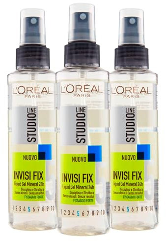 L'Oréal Paris Studio Line Invisi Fix Flüssiggel-Mineralspray Langlebig 24h Ohne Rückstände Starker 5 Halt – 3 Flaschen à 150ml