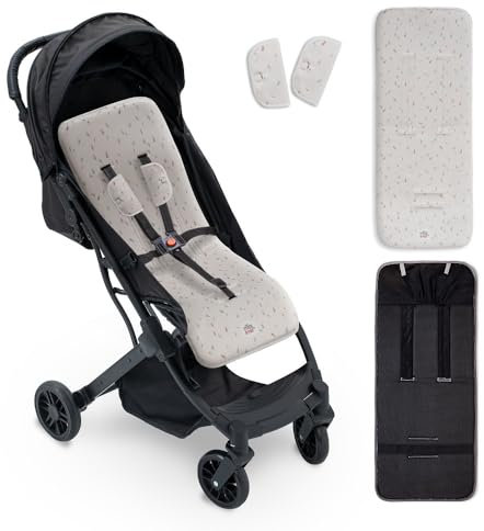 Interbaby Colchoneta Silla Paseo Universal para Verano | Transpirable y Cómoda | Funda Carro Bebe 100% Algodón, 84x34cm, Protectores para Arnés | Funda Silla Paseo Botanico Beige