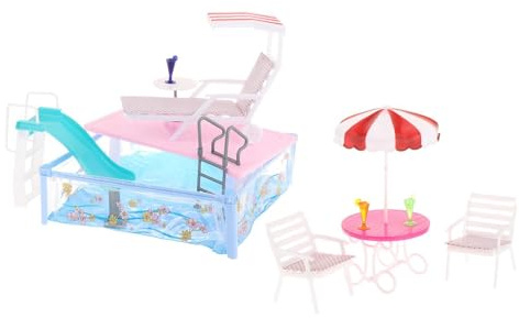 Baoblaze Set da Piscina per Bambole Giocattolo per Bambini con Scivolo, ombrellone da Spiaggia, Sedia Simulazione Giocattoli da Bagno per Bambole Fino a 30 cm,