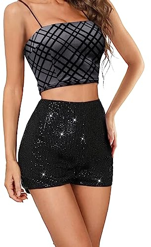 CocMouse Women's Summer Sequins Shorts Mid Waist Straight Leg A Line Hot Pants Sparkly Glitter Rave Party Night-Out Clubwear (Black, M)