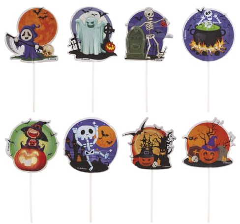 dekora - Halloween Cake Topper Calaveras Catrinas, 48 paper skewers to decorate cupcakes, muffins, cakes or pastries, 8 designs, 6,5cm, Halloween Party Decoration