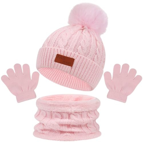 CavspkArt 3Pcs Hat Scarf and Gloves Set for Baby Girls Winter Warm Knit Pom Pom Bobble Hat Pink Winter Thermal Knitted Beanie Cap Scarf Gloves Warm Accessories Sets for Toddler Kids 1-5 Years (Pink)