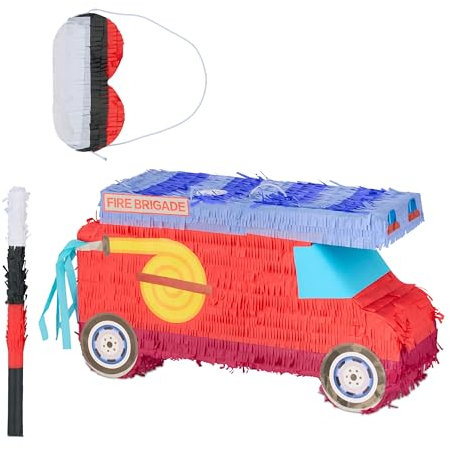 Relaxdays Pinata Set, 3tlg., Feuerwehrauto, zum Aufhängen, Kinder, Mädchen & Jungs, mit Stab & Maske, unbefüllt, rot