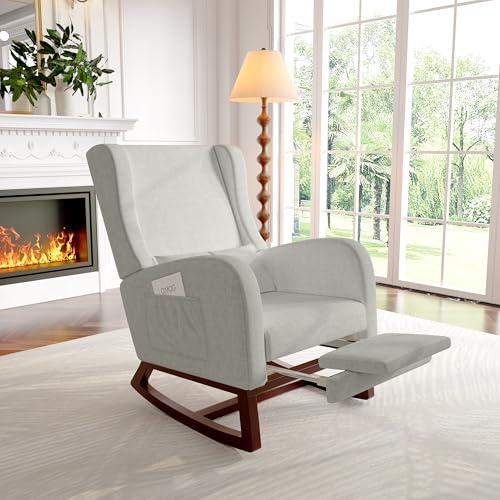 BPKADHY Mecedora con Reposapiés Telescópico, Sillón de Relax con Respaldo Alto, Sillón Balancín para Salón (Algodón Gris y Lino)