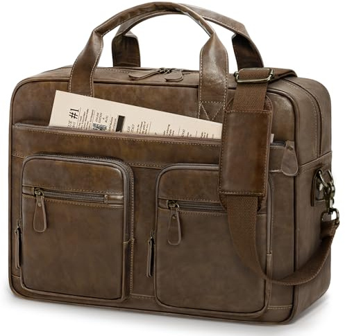 RAINSMORE Bolso de mensajero vintage para hombre, piel sintética, vegano, para ordenador portátil, 15.6 pulgadas, impermeable, para hombre, estilo retro, para trabajo, oficina, negocios, viajes, color