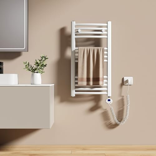 EMKE Radiador Toallero Eléctrico para Baño 75 x 40 cm, Radiador Curvado con Termostato, Calientatoallas Eléctrico, Soporte Toallero Eléctrico, Blanco, 250 Watts