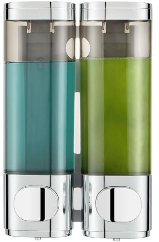 Pollock Dispensador de Jabón de Pared, 300MLx2 Dispensador de Champú y Acondicionador, Dispensador Ducha Sin Taladro, Anti-Fugas, Dispensador Jabon y Champú Baño para Cocina de Baño y Hotel, Plata