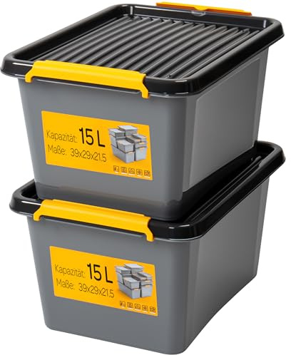 KONZEPT 2 Stück Aufbewahrungsbox mit Deckel 15 L – inkl. beschriftbaren Etiketten, aus hochwertigem Kunststoff, stapelbar und stabilen Verschlussclips, ideal für Keller, Werkstatt, Garage