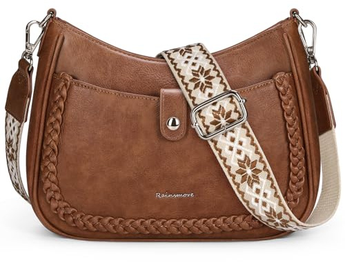 RAINSMORE Sac Bandoulière Femme Cuir PU, Sac a Main Bandouliere Femme avec Large Sangle Réglable et Amovible et Multiples Poches pour Travail Voyages Brun