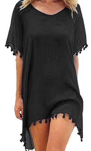 XFSRG Robe de Plage Femme Été Kimono Sexy V-Cou Bikini Cover Up Cache Maillots Bain Bohème Beachwear Casual Fluide Chemise Couvrir Beach Maillot de Bain (Noir)