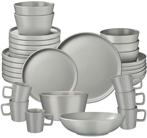 tectake® Set stoviglie 30 pezzi terracotta, servizio piatti 6 persone, set piatti moderni grandi, piccoli, fondi, ciotole, tazze, gres smaltato, design moderno, adatto lavastoviglie microonde - Grigio