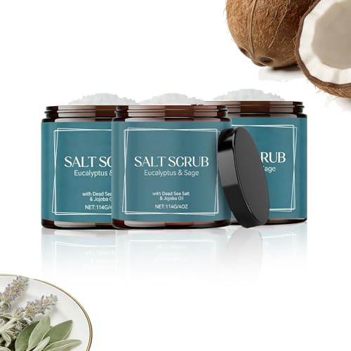 Dött havssalt kroppsskrubb, kokosolja & jojobaolja fuktgivande peeling, mild kroppsduschskalning för jämnare och återfuktad hud, jämn hudton skrubb för kvinnor (114 g-3 st)