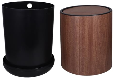 OSOLADY Papelera con Tapa Abatible de Plástico con Doble Compartimento y Diseño de Veta de Madera Sintética, Cubo de Basura Redondo para Baño, Dormitorio, Oficina y Cocina, Minimiza