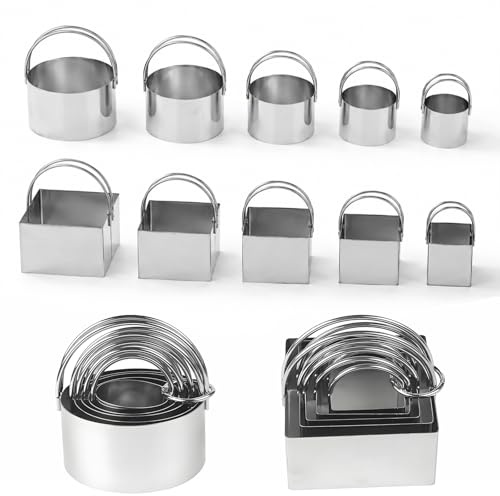 Mocifa 10 Piezas Moldes Cortadores Cuadrados y Redondos con Mango Cortadores de Galletas Acero Inoxidable para Pasteles Pastelería Reposteria Galletas Cookie Magdalenas Bollos