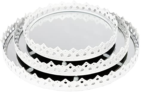 DRULINE 3 delar Uppsättning av spegelbricka – bricka – dekorativ bricka – makeup arrangör – ljusbricka – smyckesbricka – kosmetisk bricka Ø 20/26/29 cm – metall vit/spegel – presentidé