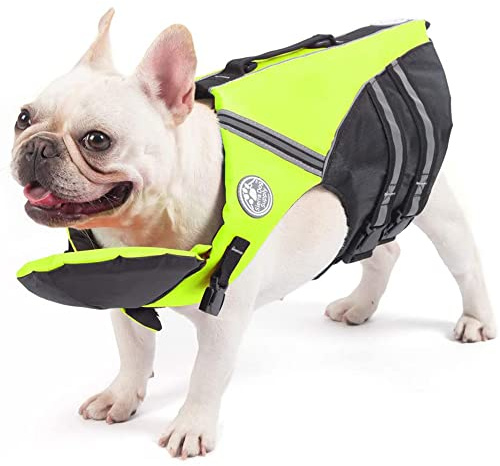Petglad French Bulldog Life Jacket, Life Vest with Chin Float Rescue Handle for Corgi Pug, Adjustable High Visibility Flotation Swim Vest for Swimming Boating (Green)