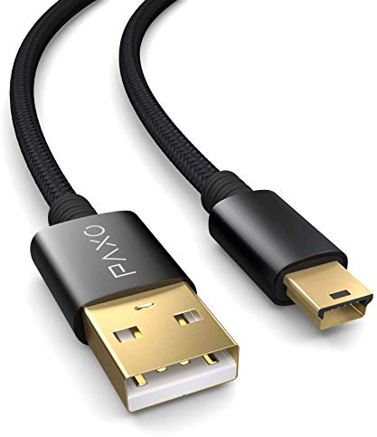 Cable mini USB de 3 m - nylon trenzado para mayor durabilidad | conector USB A a Mini-B | cable de datos y carga para cámara, navegador por satélite, GPS y más, negro