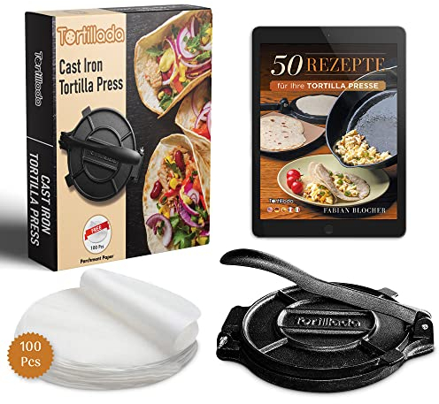Tortillada - 20cm Pressa per Tortilla in Ghisa di Alta Qualità + E-Book con Ricette + 100 x Carta Pergamena (25cm)