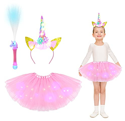 ACWOO Unicorn Costume, LED Light Up Unicorn Dress Princess Fancy Dress Up med Unicorn Pannband och fiberoptisk trollstav, Girl Fairy Tutu-kjol för fest Cosplay Princess Dress Up (2-10 år)
