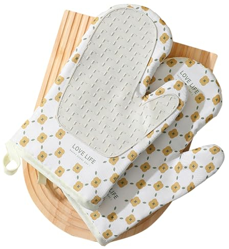 Gants de Four, Lot de 2 Gant de Cuisine Double Couche en Silicone et Coton, Design Antidérapant, Étanche et Anti-Chaleur, Mitaines pour Cuisiner, Cuire, Griller - Blanc