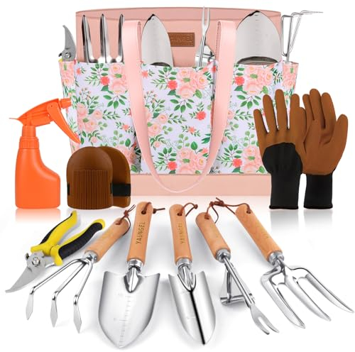 YAUNGEL Ensemble d'Outils de Jardinage, 10 Pièces en Acier Inoxydable à Usage Intensif avec Poignée en Bois Antidérapante - Cadeaux pour Les Femmes et Les Hommes, Rose