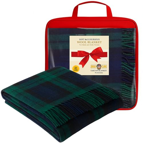 Luxurious Wool Tartan Blankets for beds, Sofa throws - Black Watch Tartan - warm large size 74x62 Inches, Fringed edges - Scottish plaid check Soft Cozy Rug - Mothers day, Wedding gifts