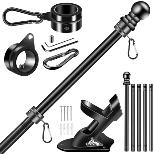 BONWIN - Kit de mástil de bandera negra para exterior de casa, 1,8 m de acero inoxidable grueso para bandera de 9,1 x 1,5 cm / 1,2 x 1,8 m, anillos de bandera giratoria antibobinado de 2,5 cm