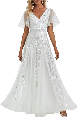 Ever-Pretty Women's V Neck Short Sleeve Elegant Floor Length A Line Long Tulle Evening Dresses 00736