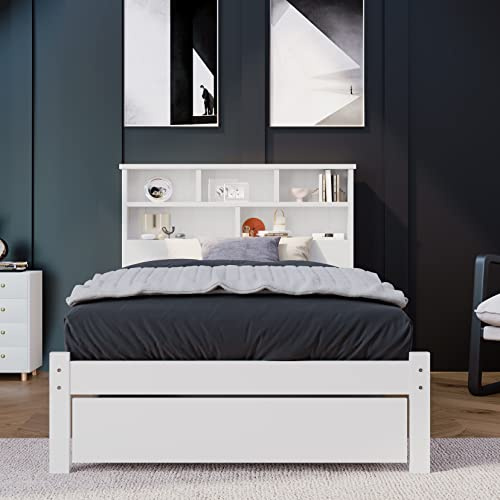 SUKY Letto singolo in legno massiccio, con scaffale per libri per adolescenti e adulti, con cassetti e rete a doghe, bianco (90 x 200 cm)