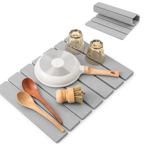 Volminex Foldable Diatomit Diskmatta, Stone Dish Drying Mat, Snabbtorkande Droppmatta för Diskbänk & Köksbänk, Multifunktionell Diskmatta för Porslin, Kaffemaskin, Kök och Badrum (Ljusgrå, S)